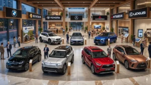 Electric cars and SUVs from BMW, Rivian, Toyota, Subaru, Mercedes-Benz, Mitsubishi and Lexus on display in a showroom