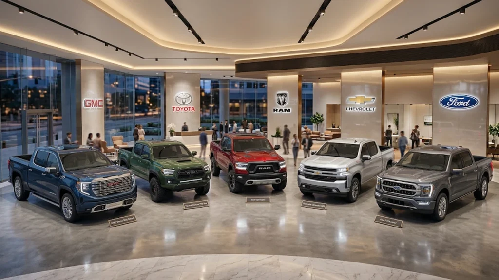 Five pickup trucks from Ford, Ram, Chevrolet, Toyota and GMC parked in a bright dealership showroom
