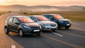 Three used cars of different body styles parked on a quiet road at golden hour