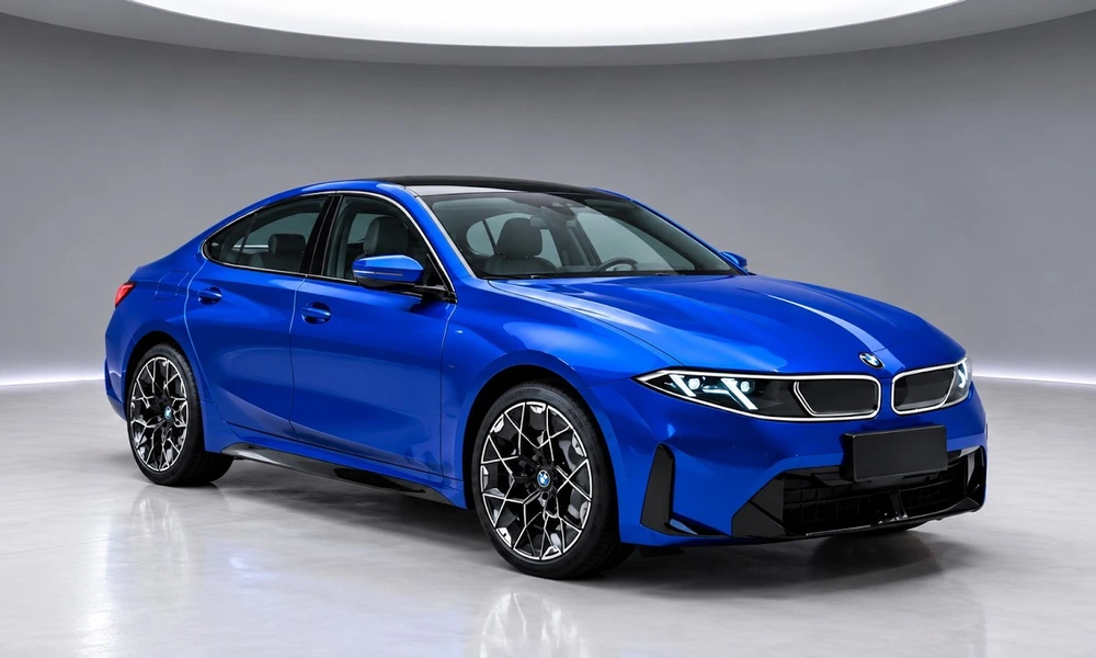 Blue BMW i3 electric sedan in a bright, empty studio