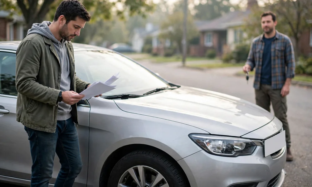Buyer in casual clothes reviewing blank paperwork beside silver unbranded sedan on quiet residential street, seller standing nearby holding car keys, soft morning daylight, faces blurred for privacy.