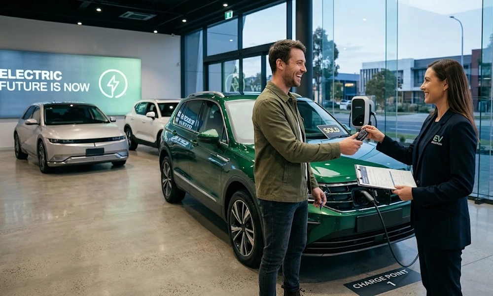 Smiling customer receiving keys from a dealership employee beside a green electric SUV with a sold sign and a charge point