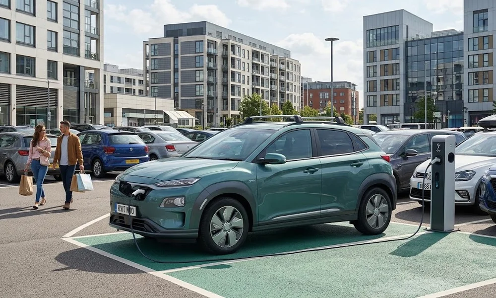 Green electric SUV plugged into a charger in a marked bay, with two shoppers walking past