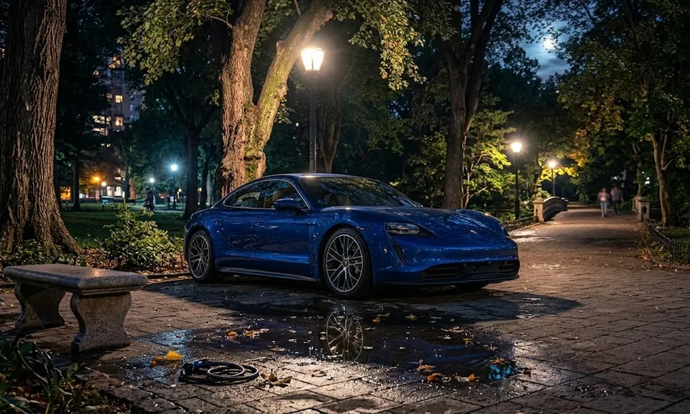 Blue electric sedan parked on wet paving under street lamps, next to a stone bench