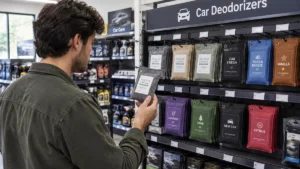 Shopper holding a Moso Natural charcoal bag in the car deodorizers aisle, with scented car deodorizer bags in blue, orange, purple, green and red on the shelves behind him