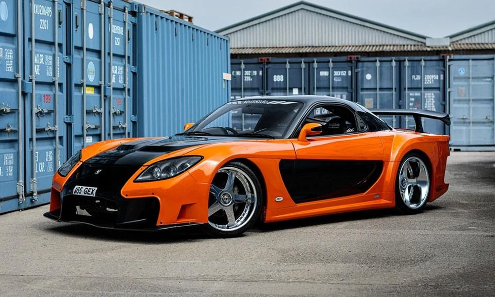 Orange modified Mazda RX-7 sports car with alloy wheels.