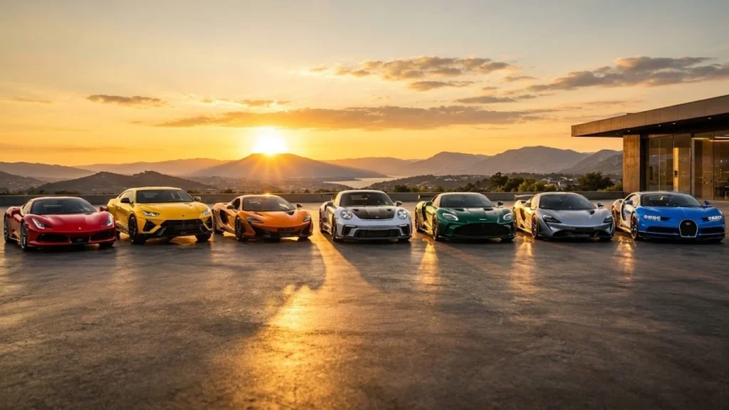 Seven supercars parked in a row on a rooftop terrace at sunset, in red, yellow, orange, white, green, silver and blue. Golden light from the setting sun over distant hills reflects off the pavement, and a modern glass-fronted building stands at the right edge.