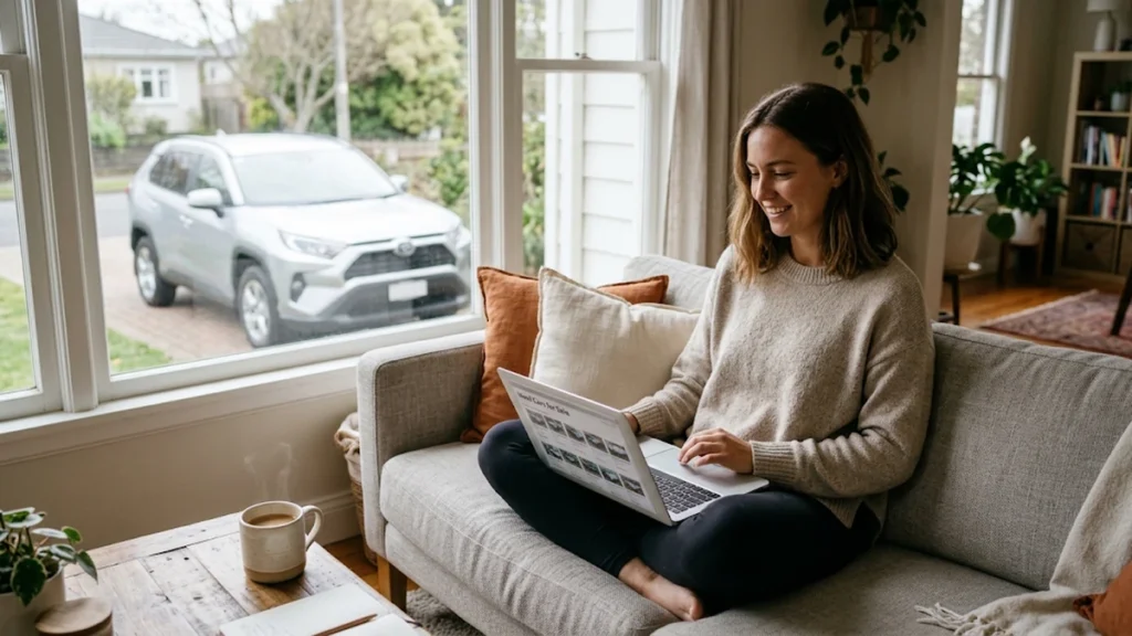 Woman browsing used cars on a laptop at home with a gray SUV parked outside