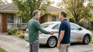 Two men shaking hands while dealing a silver sedan in a driveway