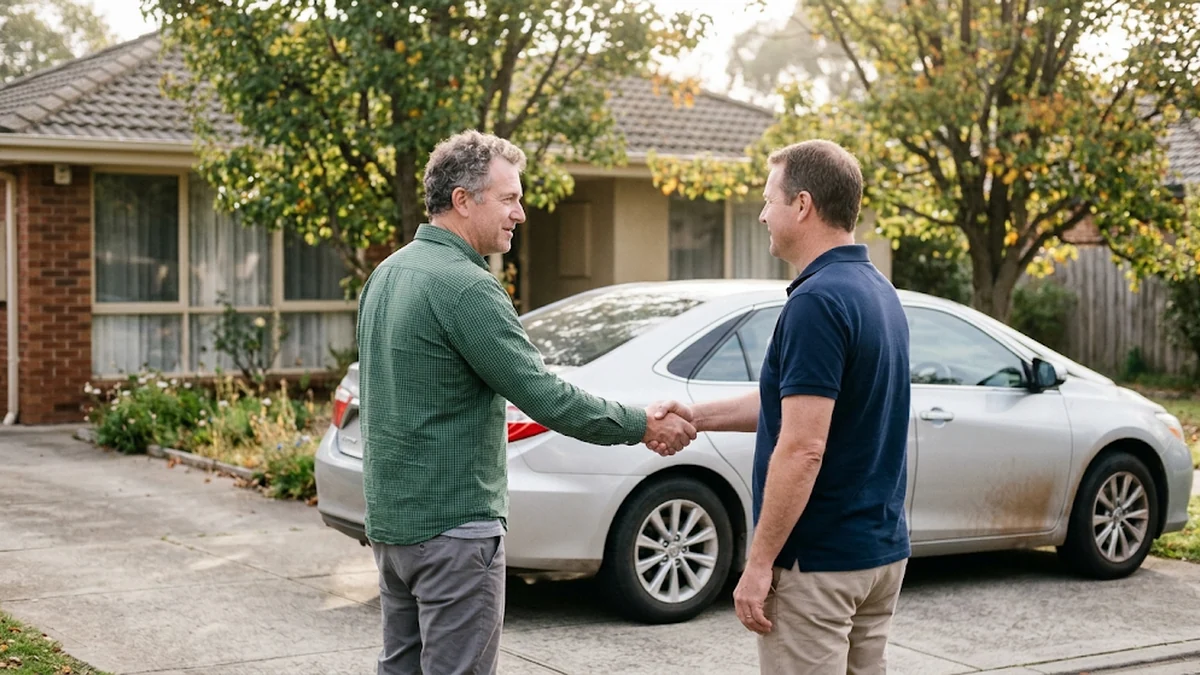 Two men shaking hands while dealing a silver sedan in a driveway