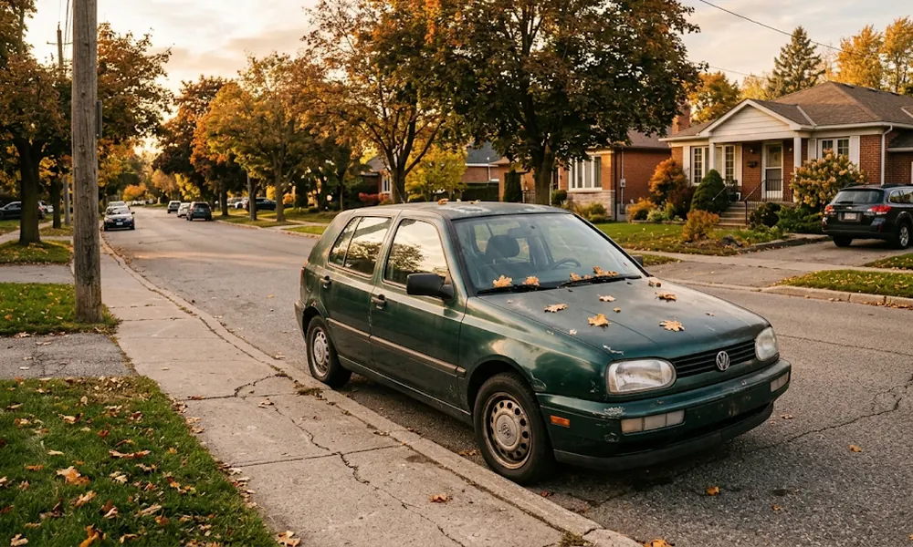 Older green hatchback parked on a residential street in autumn