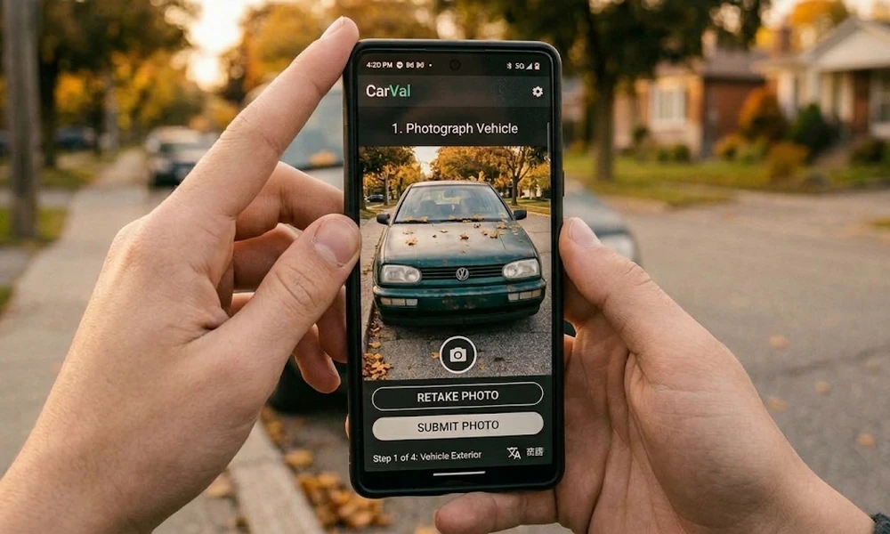 Hands holding a phone showing an app prompt to photograph a car's exterior
