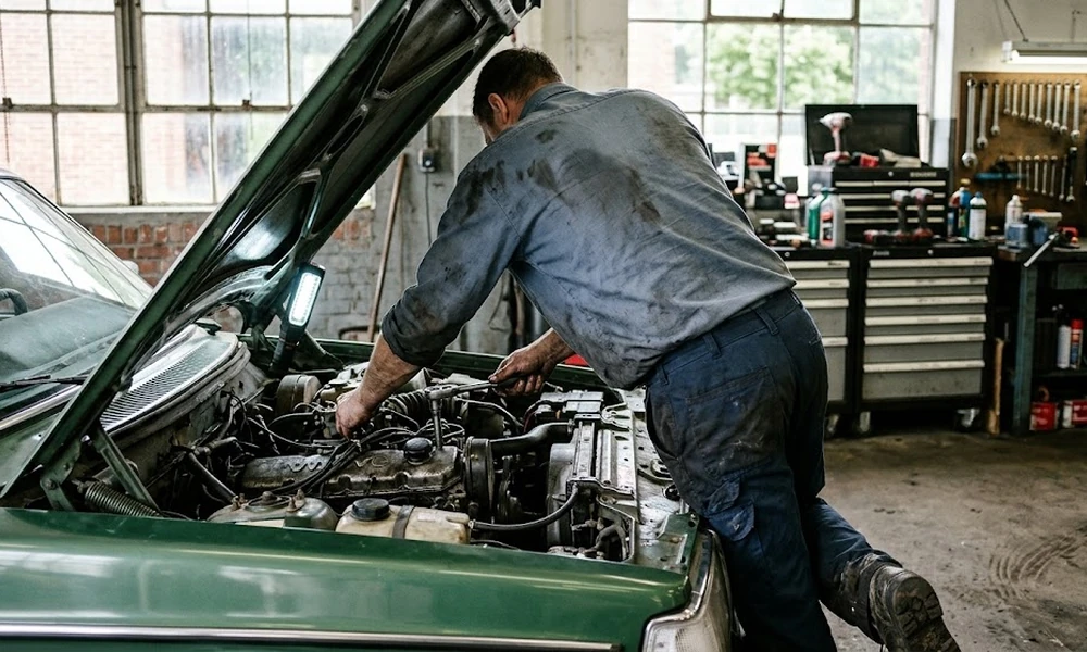 Mechanic working under the open hood of a green car in a garage
