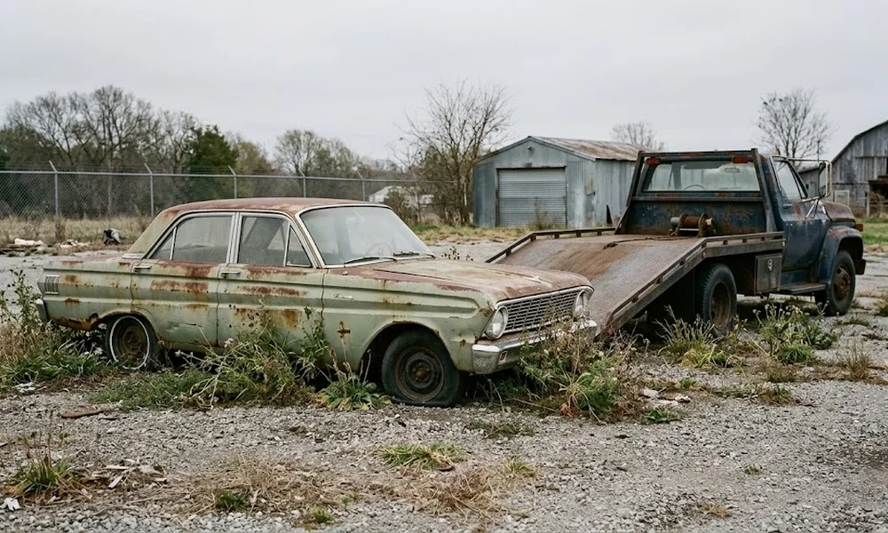 Rusted old car in a field next to a tow truck with a flatbed
