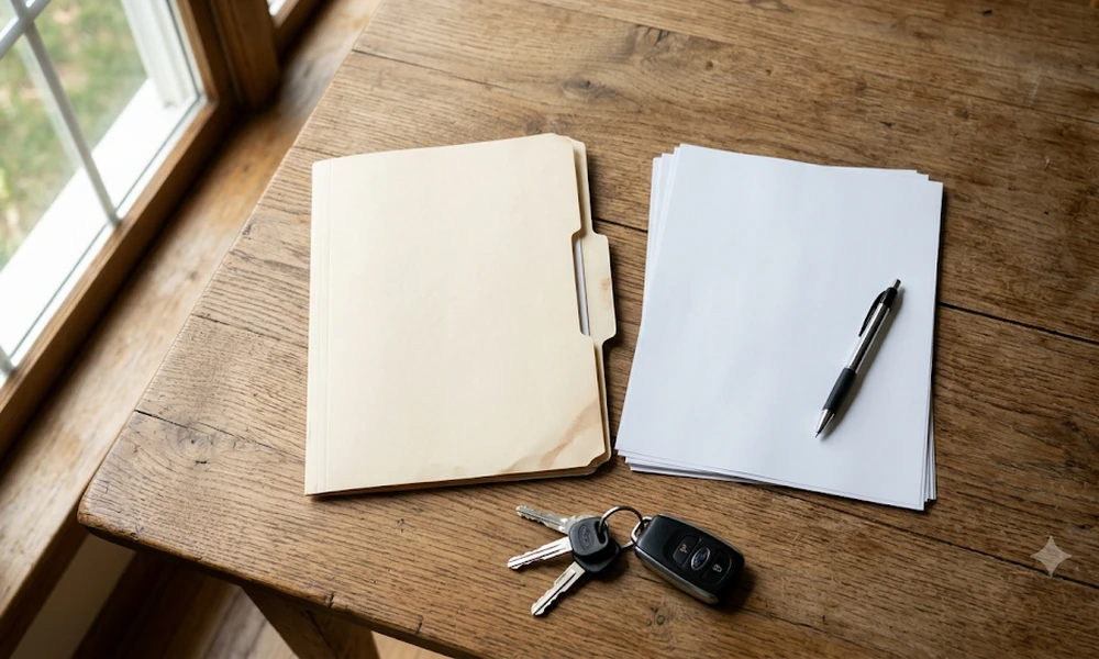 Folder, blank papers, pen and car keys on a wooden table