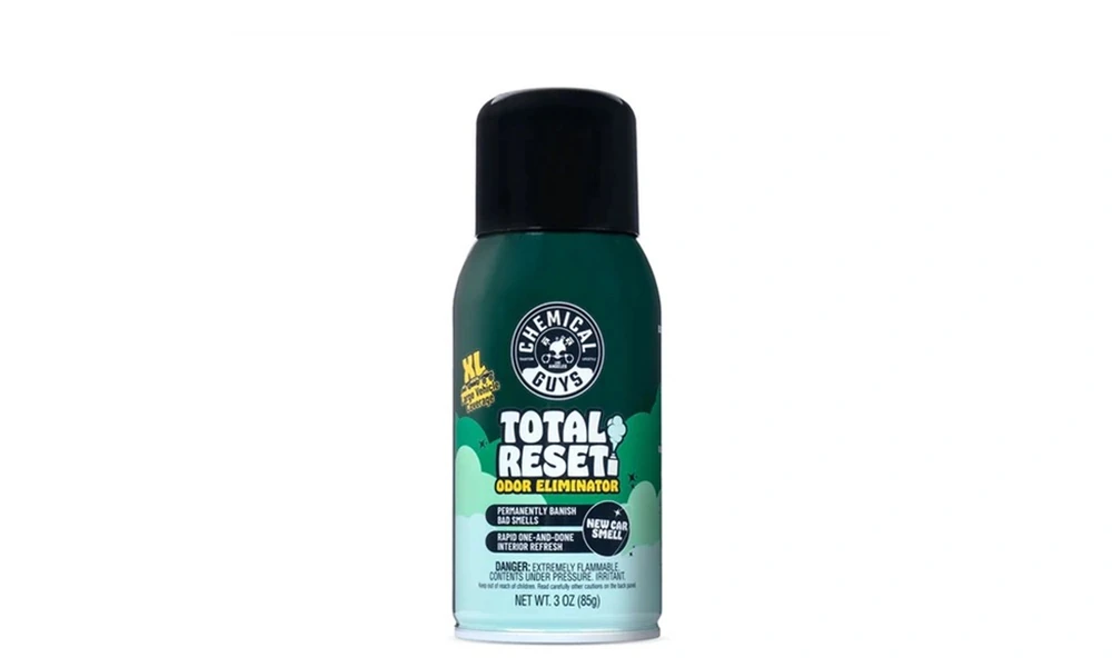 Green and black can of Chemical Guys Total Reset odor eliminator in New Car Smell scent