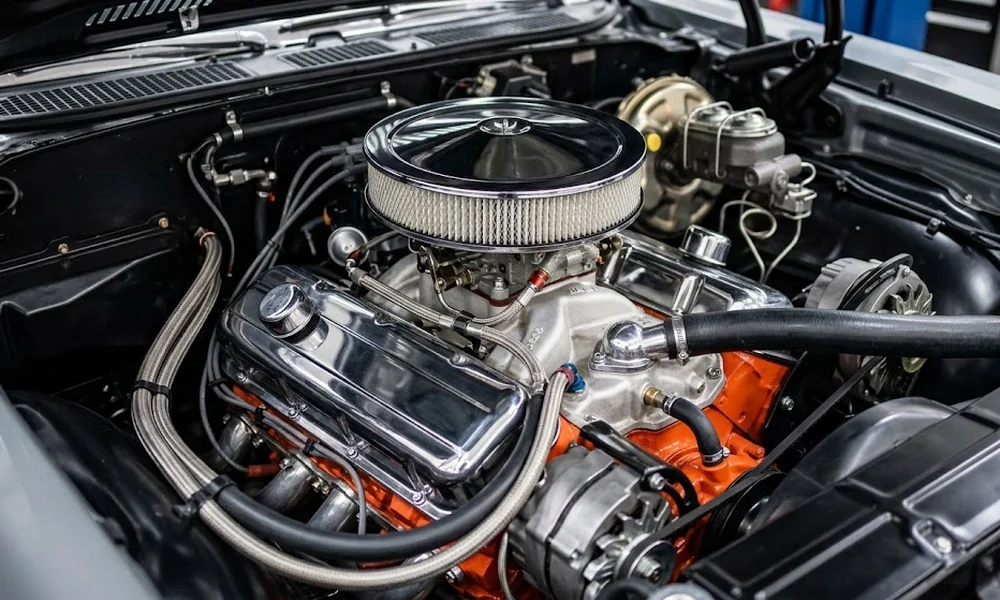 Chrome-detailed big-block V8 engine with an orange block and round air cleaner in a 1969 Chevelle engine bay