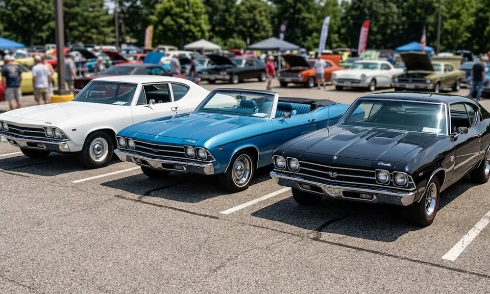 White coupe, blue convertible and black SS coupe, three 1969 Chevelle body styles parked side by side at a car show