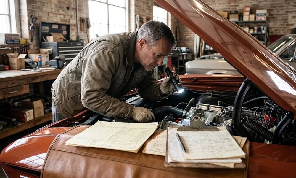 Mechanic with a flashlight inspecting the engine of a classic Chevelle in a garage, with paperwork on the fender