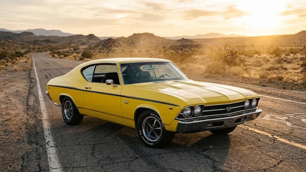 Yellow 1969 Chevrolet Chevelle SS 396 with a black stripe parked on an empty desert highway at sunset