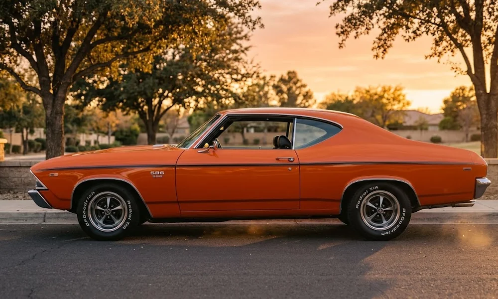 Side profile of an orange 1969 Chevrolet Chevelle SS 396 parked on a tree-lined street at sunset