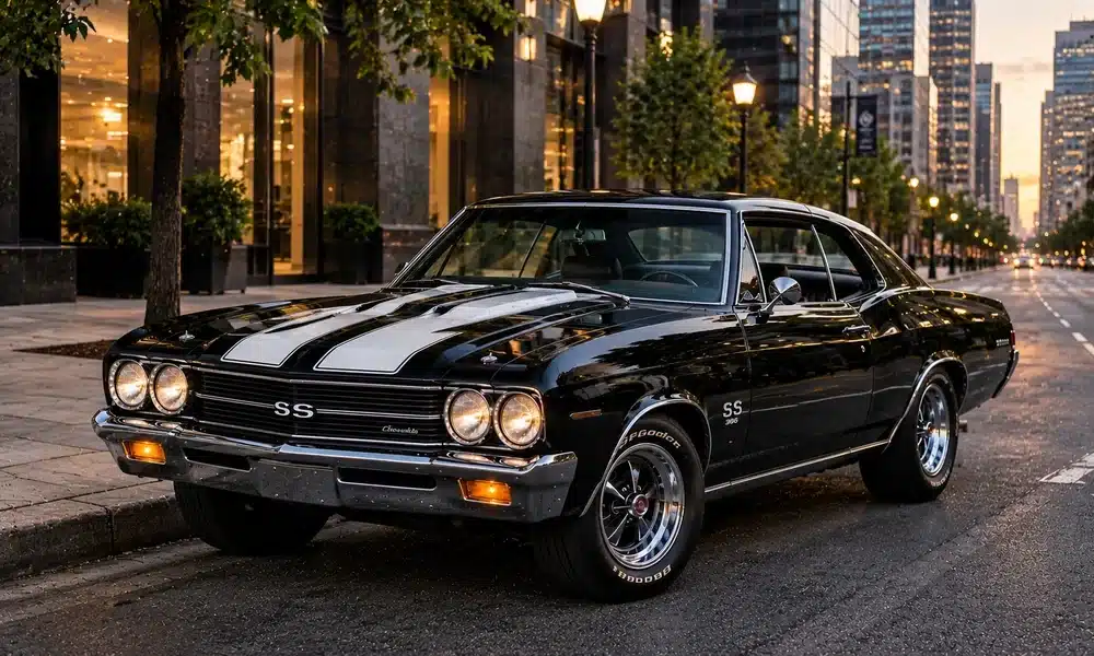 Black Chevrolet Chevelle SS with white racing stripes parked on a city street at sunset.