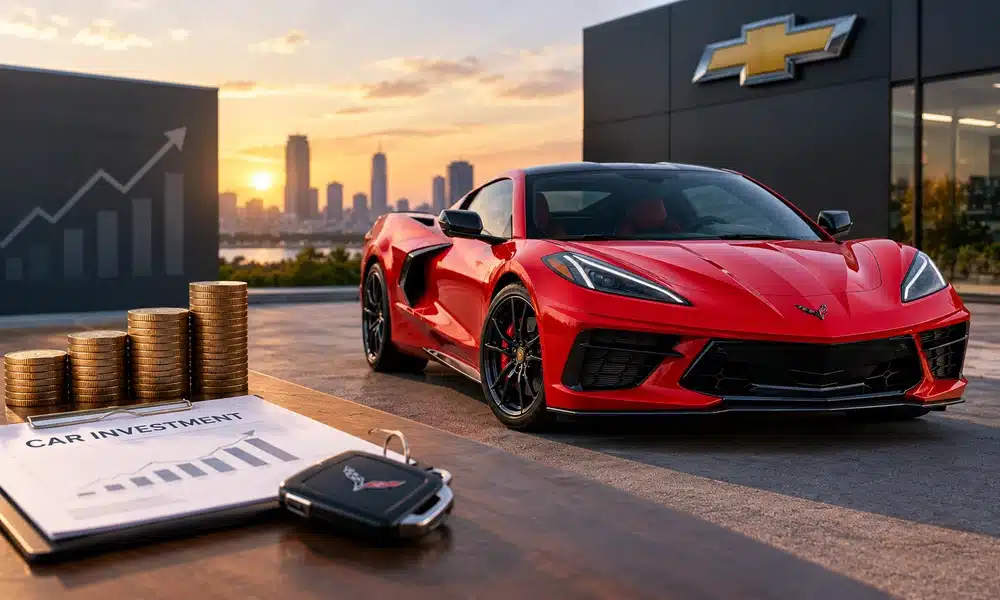 A shiny red Chevrolet Corvette C8 parked in front of a Chevrolet showroom during sunset.