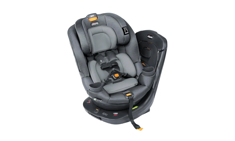 Chicco Fit360 rotating convertible car seat with padded gray upholstery