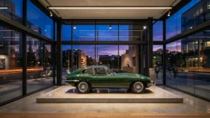 Green classic sports car displayed on a platform inside a glass showroom at dusk