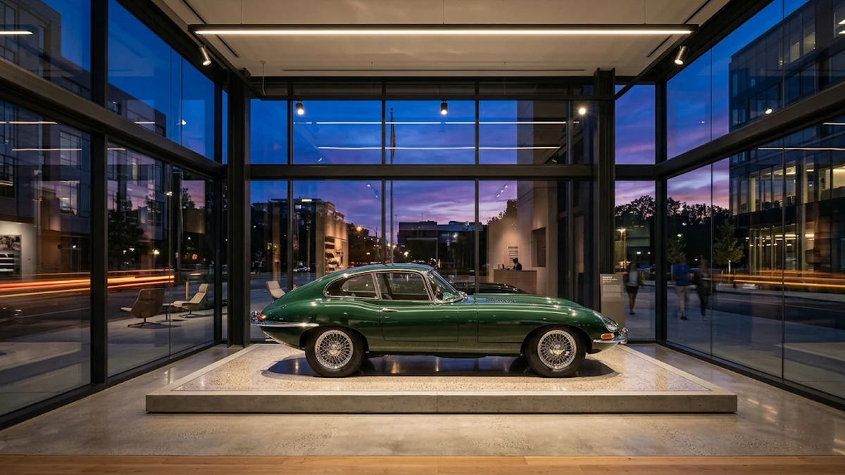 Green classic sports car displayed on a platform inside a glass showroom at dusk