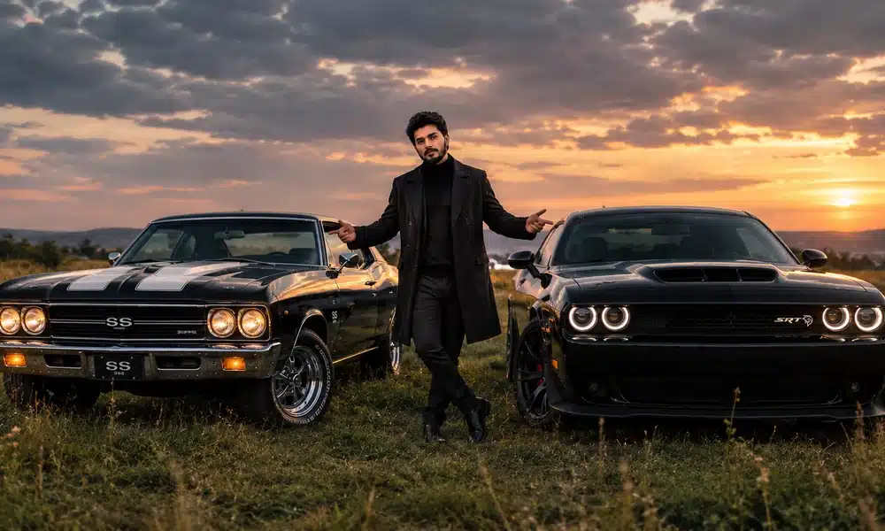 Classic Chevrolet Chevelle SS and modern Dodge Challenger side by side with a man standing between them.