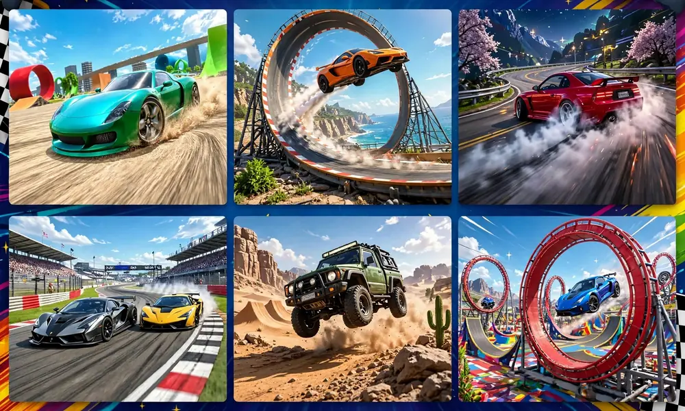 Main features of Madalin Stunt Cars showing high-performance supercars, large stunt ramps and loops, arcade drifting action
