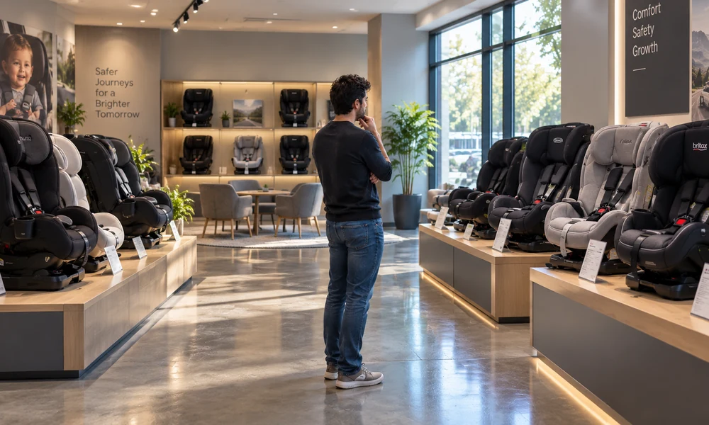 Man comparing convertible car seats in a car seat showroom.