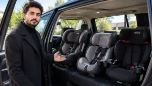 Man explaining different convertible car seats inside an open SUV, highlighting harnesses, padding, and safety features.