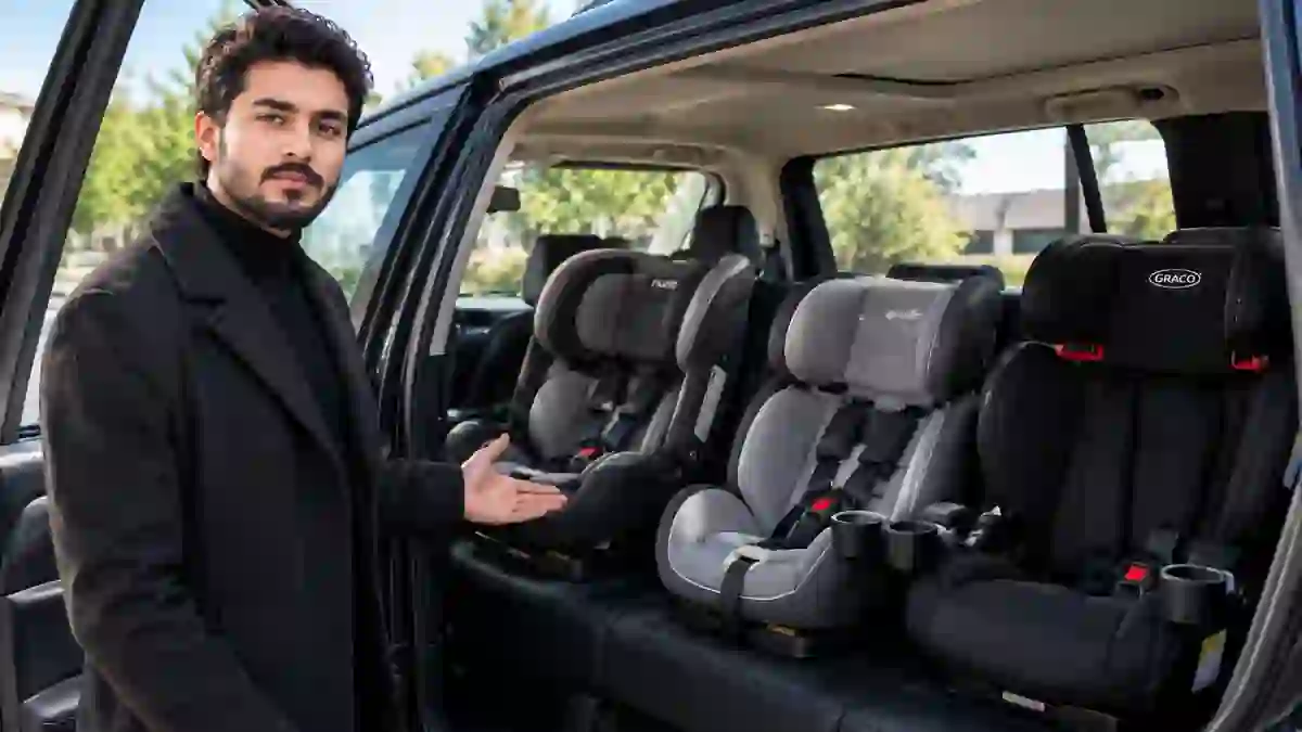 Man explaining different convertible car seats inside an open SUV, highlighting harnesses, padding, and safety features.