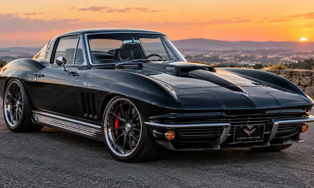 Black Chevrolet Corvette C2 Sting Ray with a 427 hood bulge and chrome side exhaust at sunset