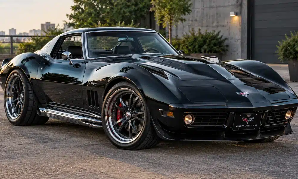 Glossy black Chevrolet Corvette C3 Stingray with wide fenders and chrome side pipes in an urban setting