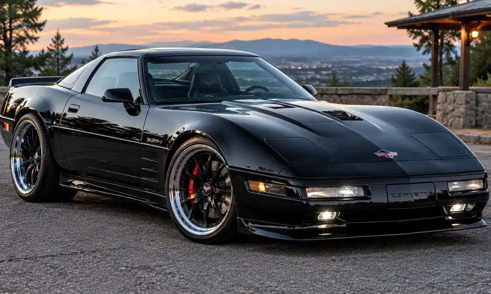Black Chevrolet Corvette C4 ZR-1 with a hood scoop and polished wheels with red brake calipers at dusk