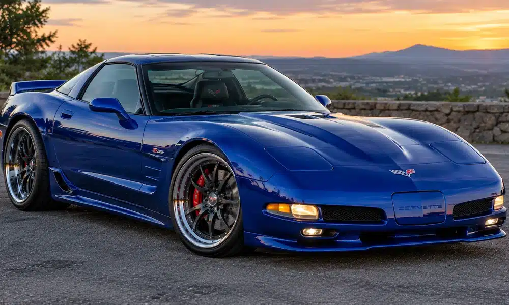 A lineup of Chevrolet Corvette cars from C1 to C8 generations, including classic and modern models in various colors, parked outside a Chevrolet Corvette showroom.