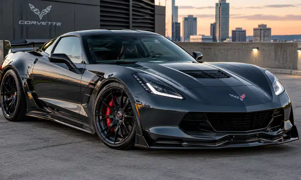 Dark grey Chevrolet Corvette C7 with a wide-body kit, rear wing and carbon fiber front splitter in front of a city skyline