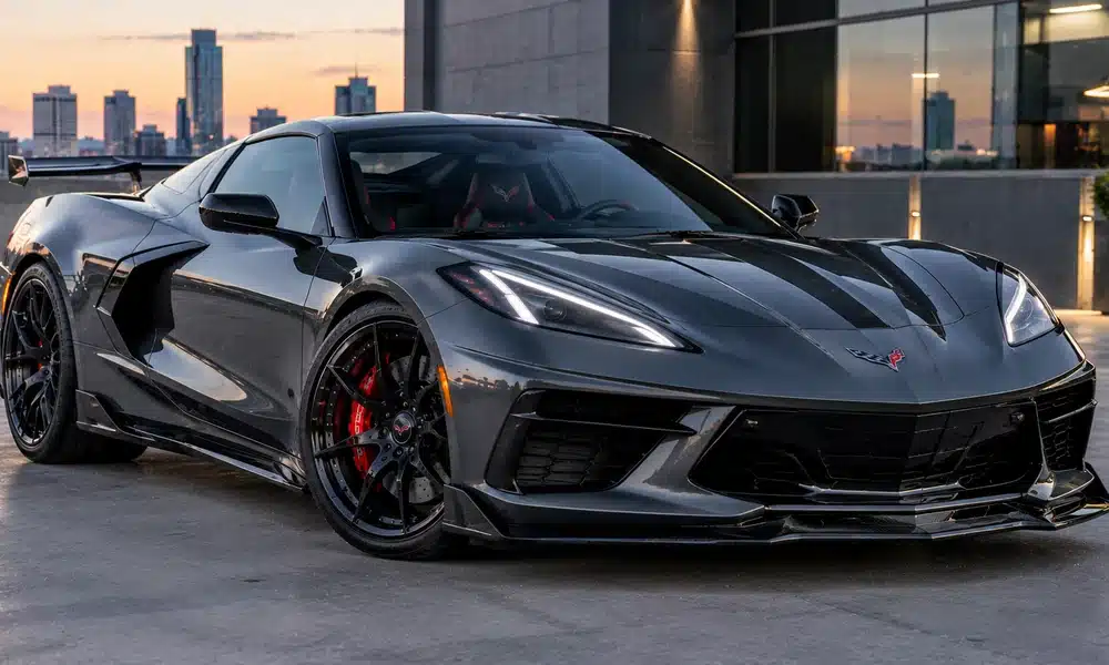 Dark grey mid-engine Chevrolet Corvette C8 with LED headlights, a large rear wing and red brake calipers