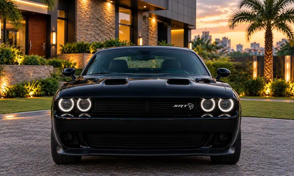 Black Dodge Challenger SRT parked outside a modern home at sunset.