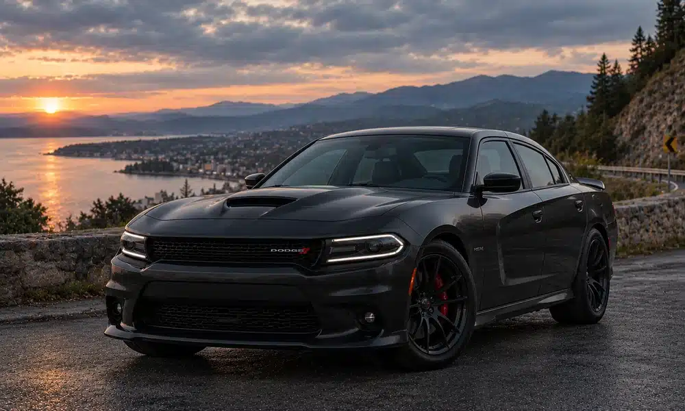 Dark gray Dodge Charger with sporty black wheels parked on a mountain road overlooking a lake at sunset.
