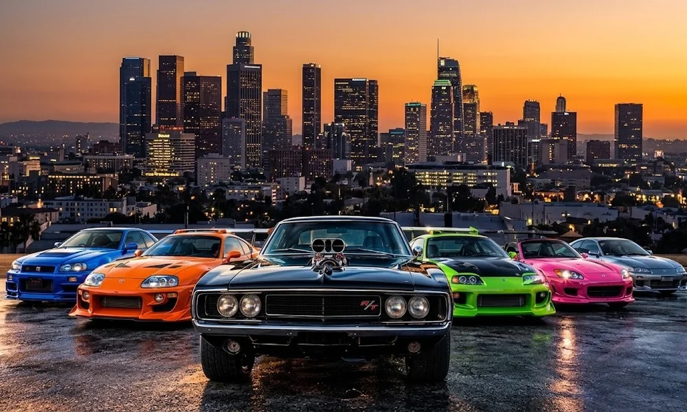 Fast and Furious cars lined up at sunset, including a black Dodge Charger, orange Toyota Supra, blue Nissan Skyline and green Mitsubishi Eclipse, with the Los Angeles skyline behind
