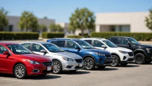 Row of five used cars including red sedan, silver sedan, blue SUV, white SUV and black pickup truck parked clearly in an outdoor lot on a sunny day