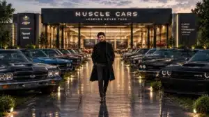 Rows of muscle cars outside a showroom with a man standing in the center.
