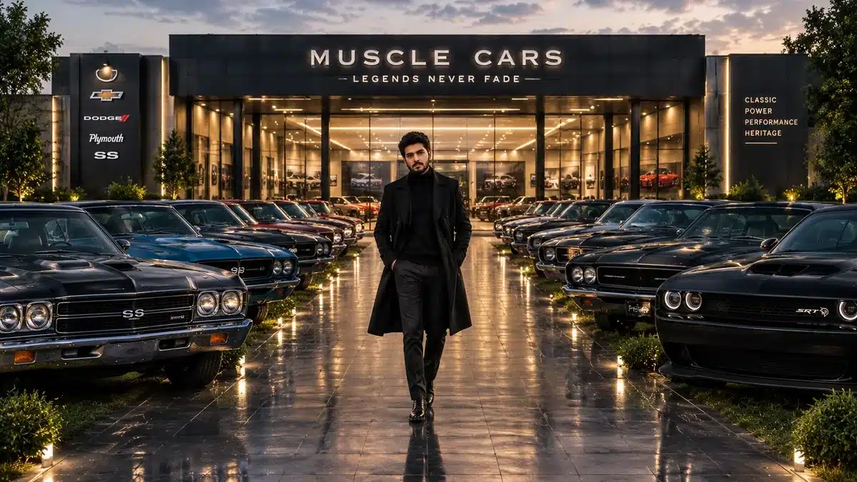 Rows of muscle cars outside a showroom with a man standing in the center.