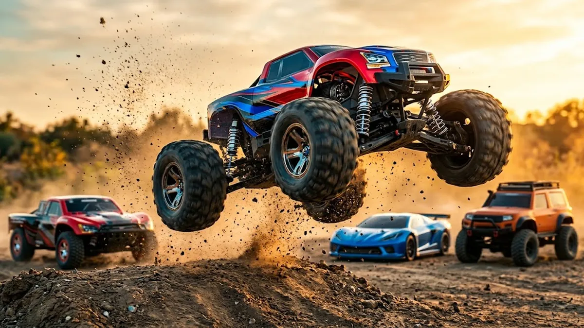 Traxxas-style RC monster truck jumping over a dirt ramp at sunset with other RC cars in the background