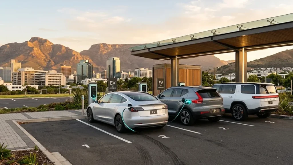 Silver sedan, gray SUV and white SUV plugged into chargers under a canopy, with mountains behind