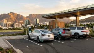 Silver sedan, gray SUV and white SUV plugged into chargers under a canopy, with mountains behind